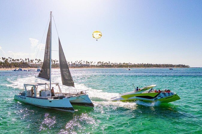 Private Catamaran + Private Parasailing - up to 20 passengers - Harness up: the actual parasailing flight over Bavaro